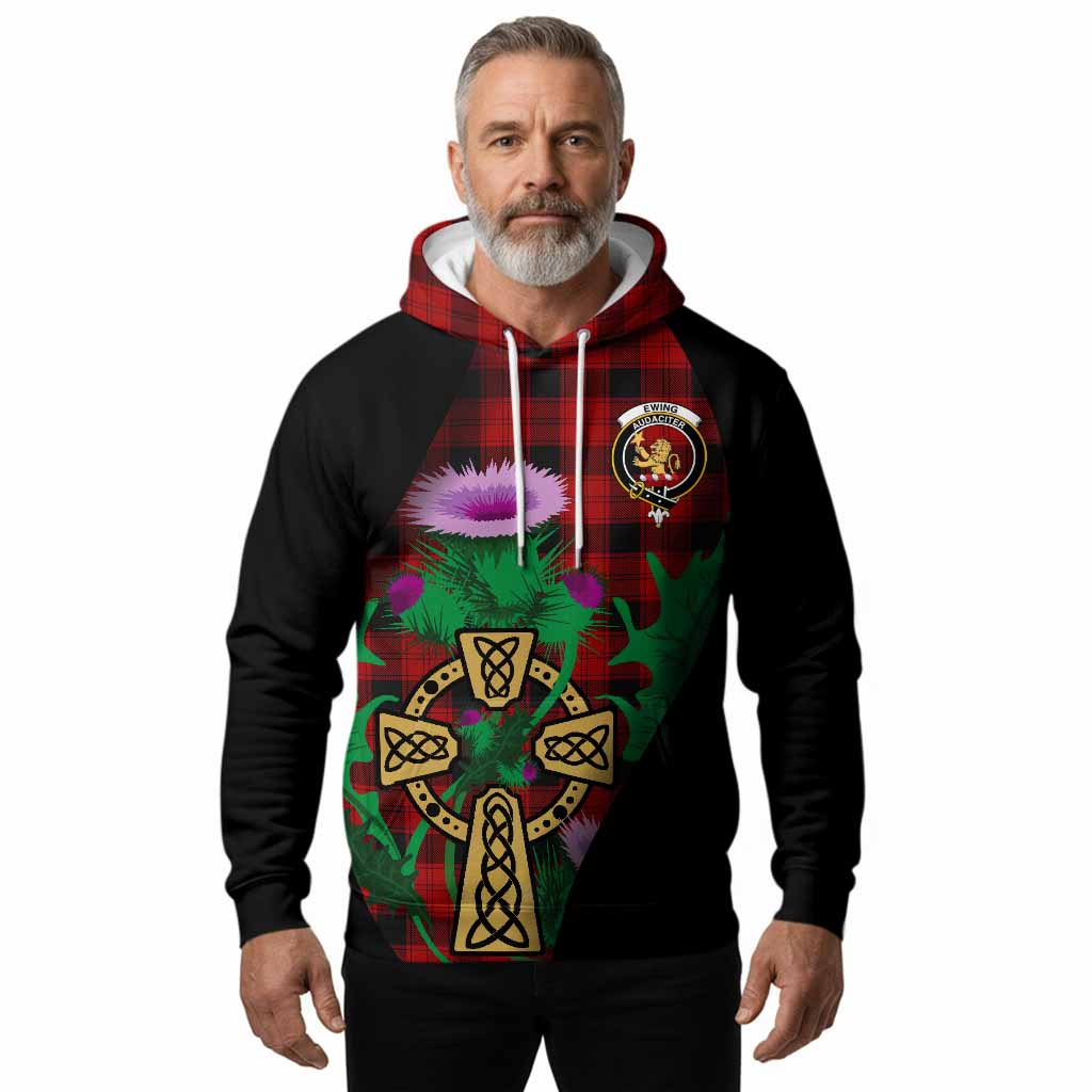 Ewing Tartan Crest Hoodie Celtic Cross Thistle Flowers