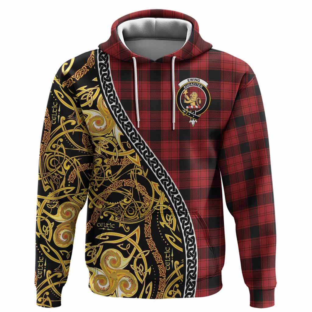Ewing Tartan Crest Hoodie Celtic Knot and Triple Trickle Spiral Symbols