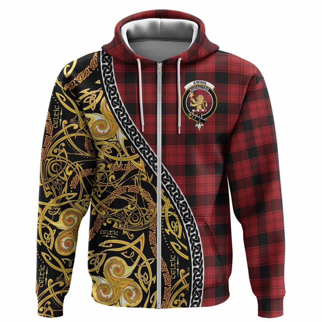 Ewing Tartan Crest Hoodie Celtic Knot and Triple Trickle Spiral Symbols