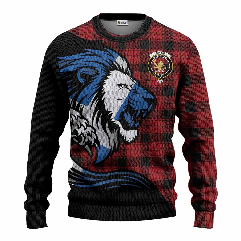 Ewing Tartan Crest Knitted Sweater Scottish Golden Lions Wave Flow