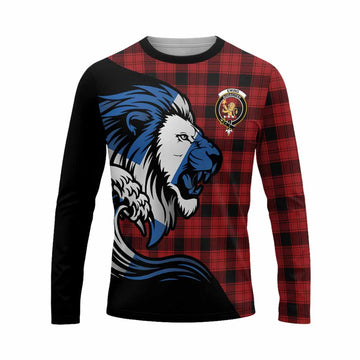 Ewing Tartan Crest Long Sleeve T-Shirt Scottish Golden Lions Wave Flow