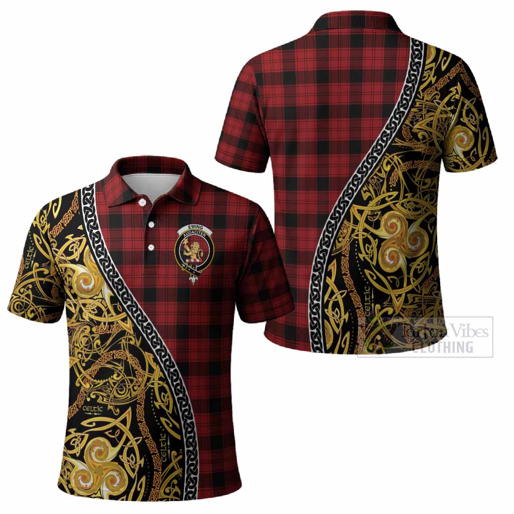 Ewing Tartan Crest Polo Shirt Celtic Knot and Triple Trickle Spiral Symbols