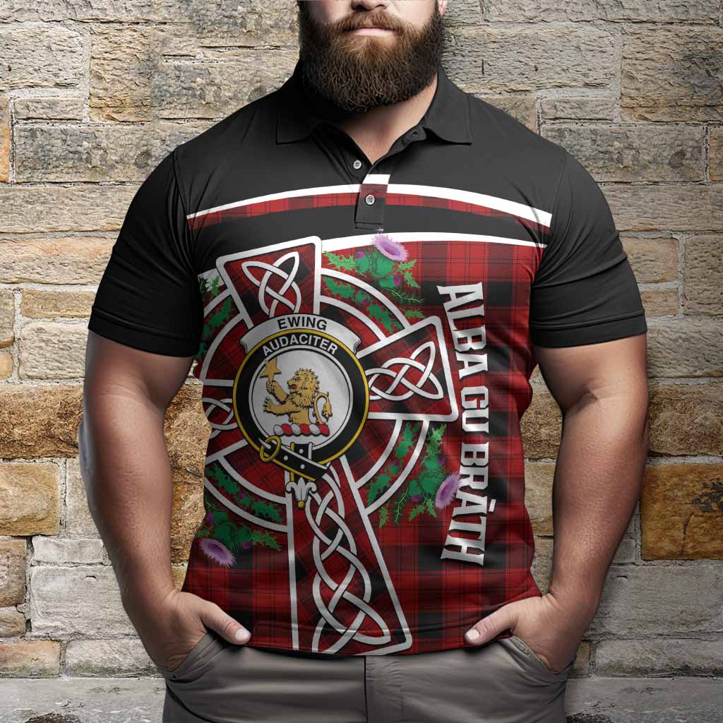 Ewing Tartan Crest Polo Shirt Scottish Thistle Celtic Cross Alba Gu Brath