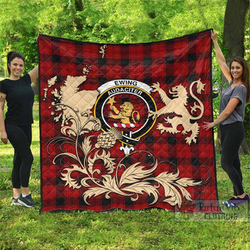 Ewing Tartan Crest Premium Quilt with Scottish Iconic Symbols 