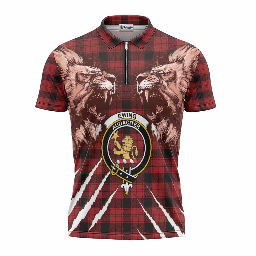 Ewing Tartan Crest Zipper Polo Shirt Ferocious Lion Style