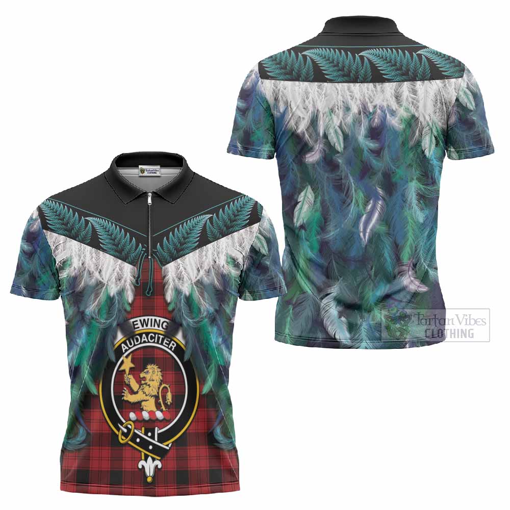 Ewing Tartan Crest Zipper Polo Shirt New Zealand Maori Korowai Cloak