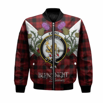Ewing Tartan Family Crest Bomber Jacket Scottish Burns Night Thistle Floral