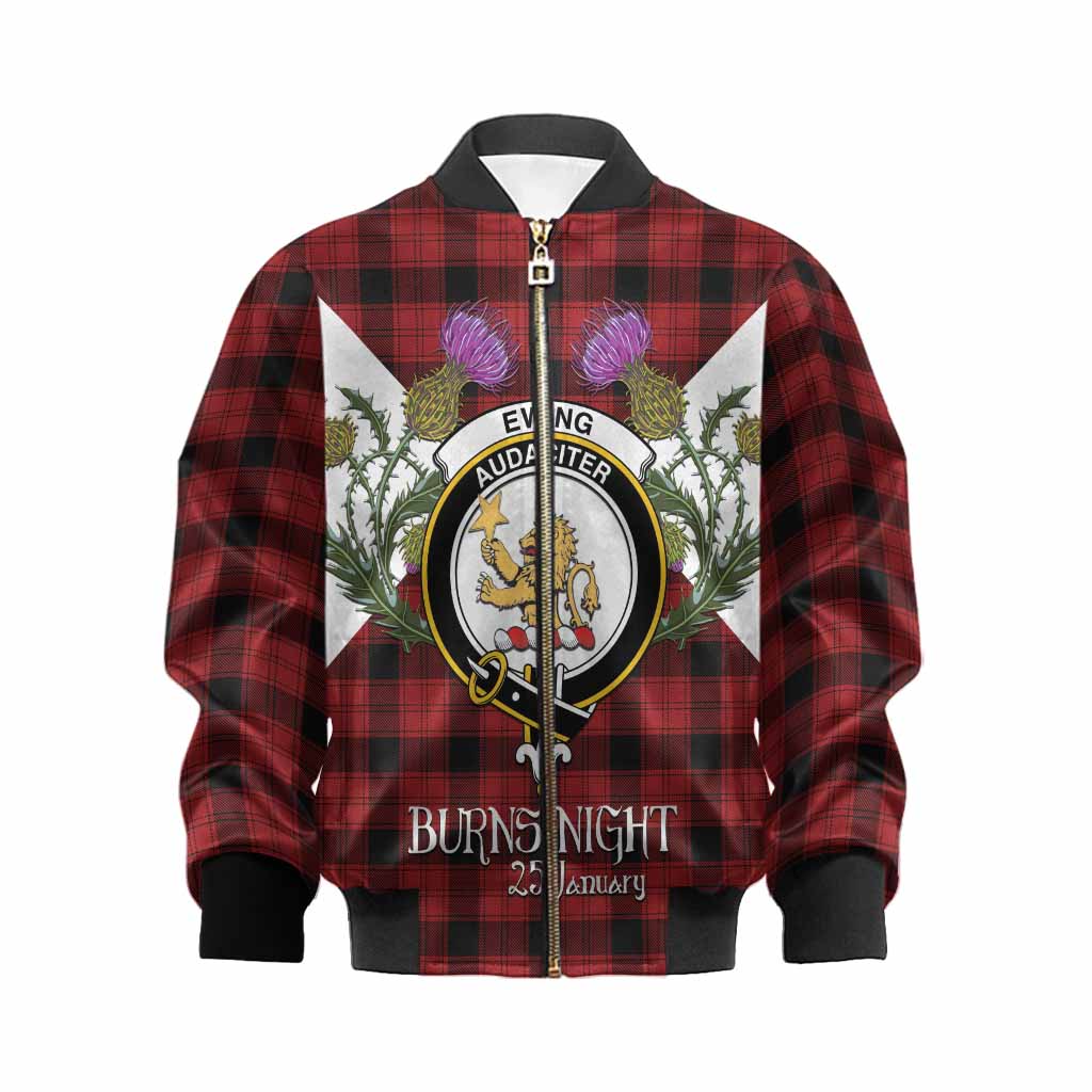Ewing Tartan Family Crest Kid Bomber Jacket Scottish Burns Night Thistle Floral
