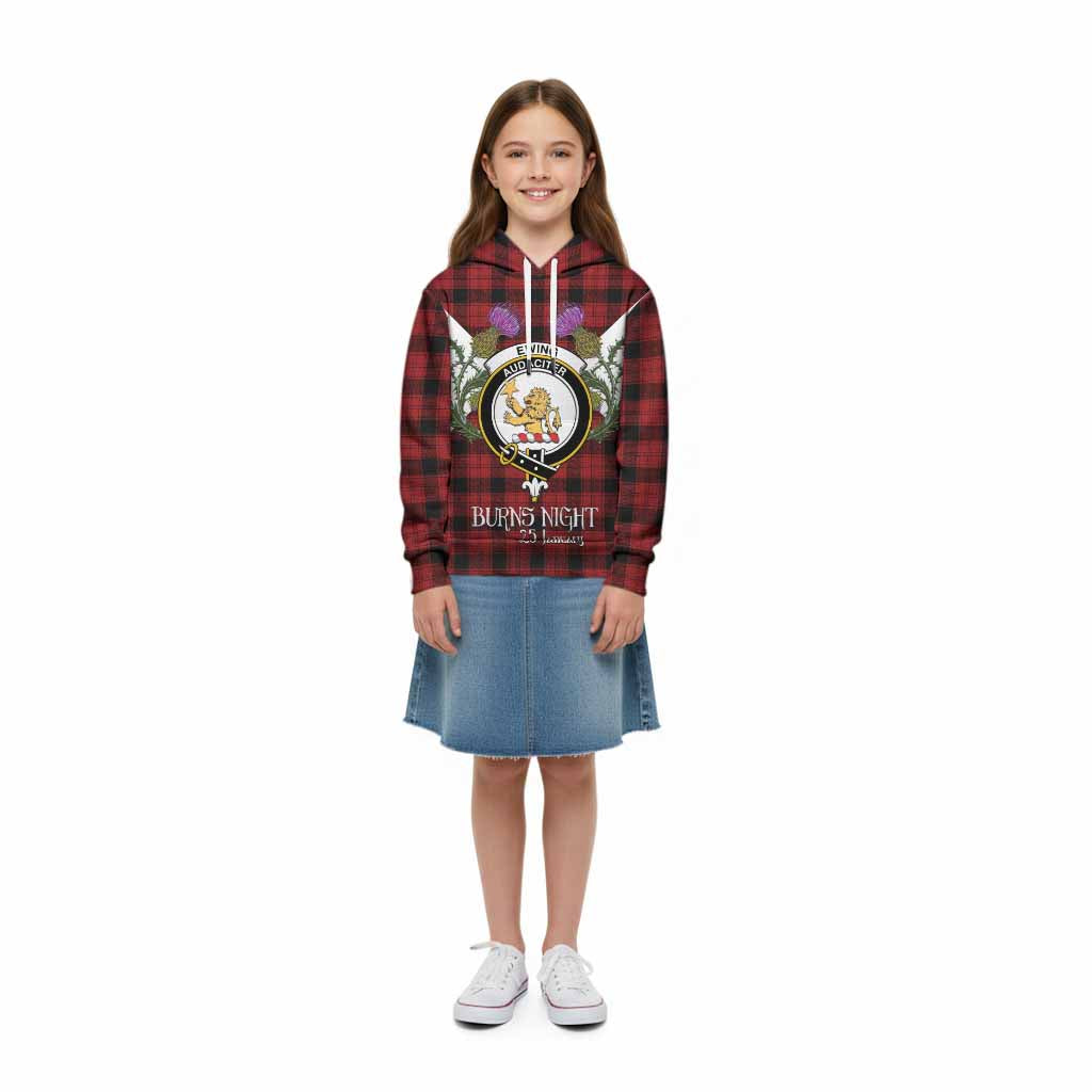 Ewing Tartan Family Crest Kid Hoodie Scottish Burns Night Thistle Floral