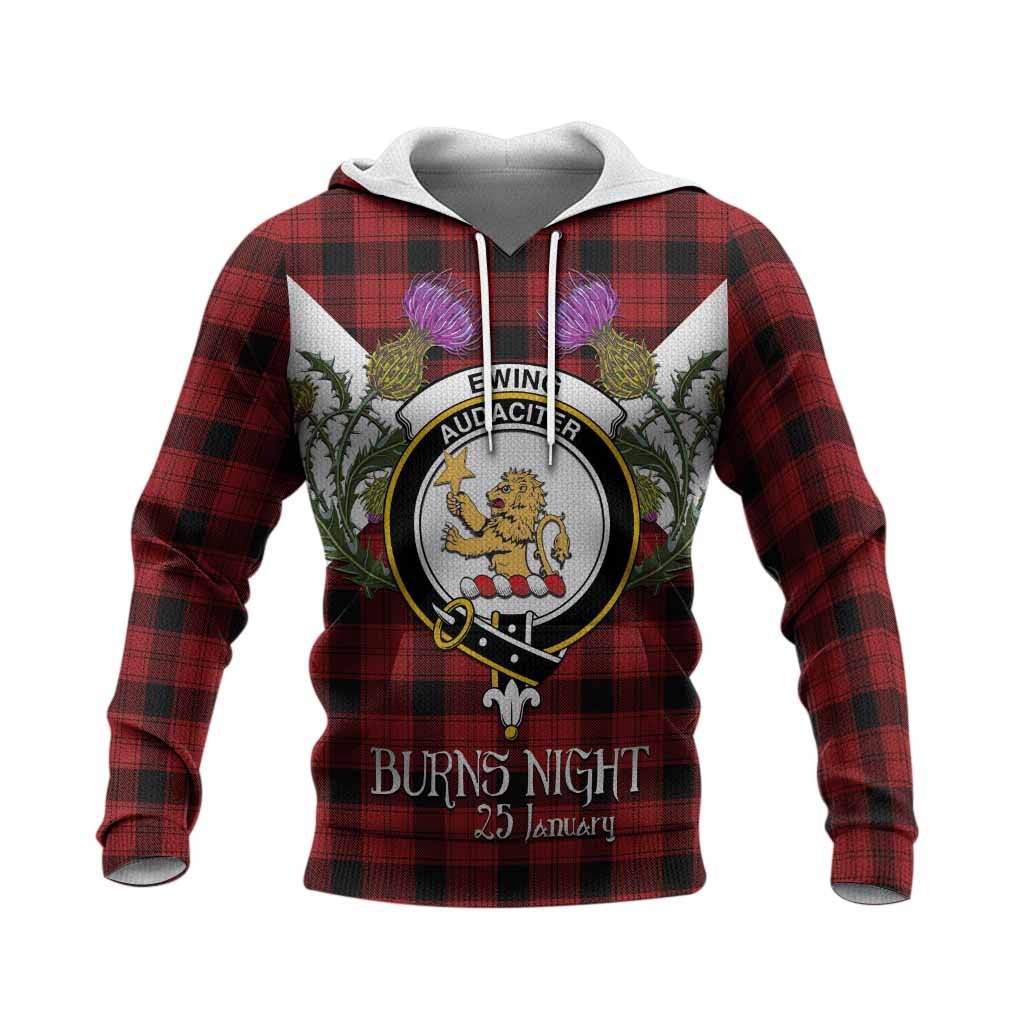 Ewing Tartan Family Crest Knitted Hoodie Scottish Burns Night Thistle Floral