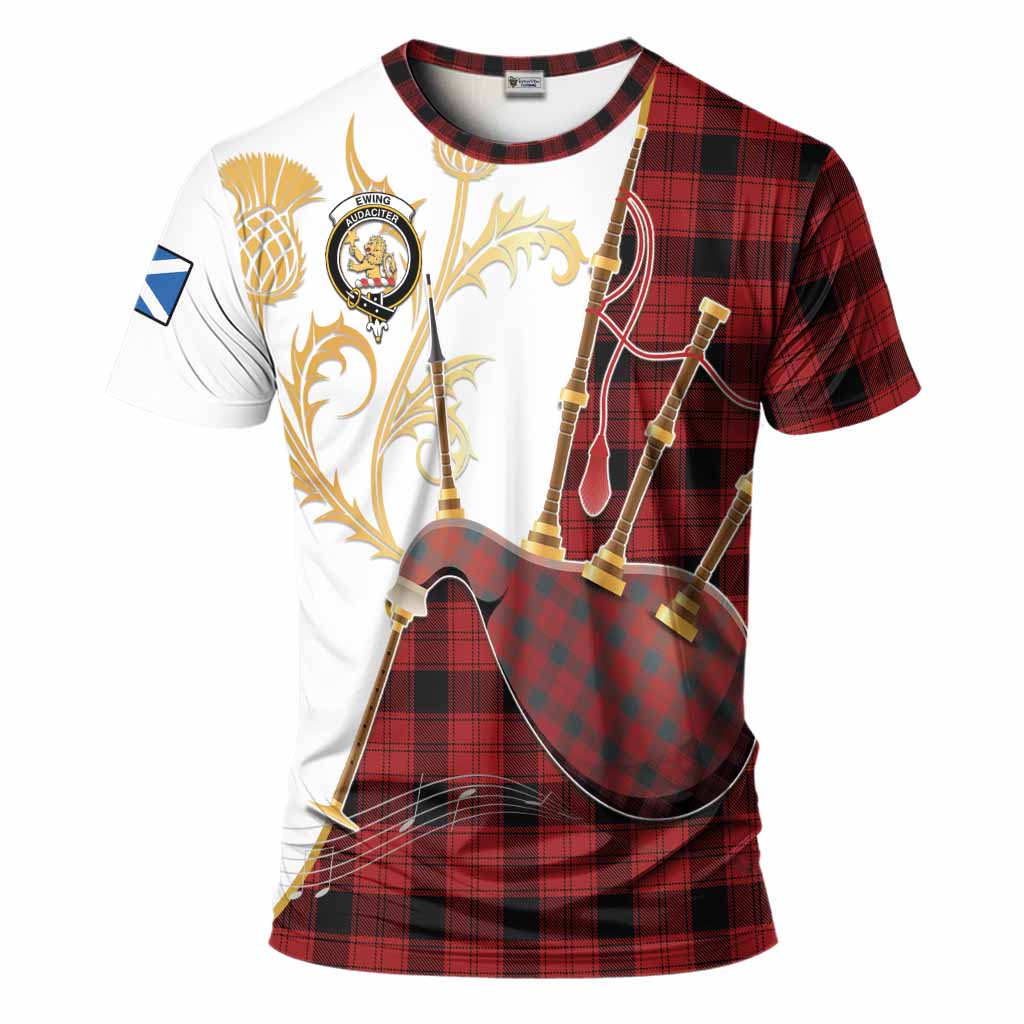 Ewing Tartan Family Crest T-Shirt Bagpipes with Scottish Thistle