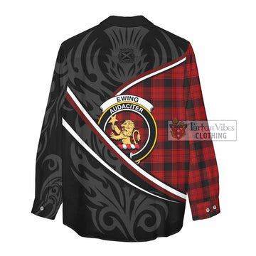 Ewing Tartan Family Crest Women Casual Shirt Celtic Scottish Thistle Floral