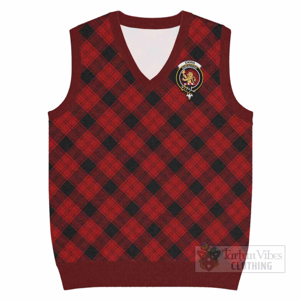 Ewing Tartan Knitted V-Neck Vest with Family Crest Cross Style