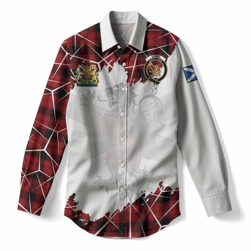 Ewing Tartan Women Casual Shirt with Family Crest and Lion Rampant Grunge Style