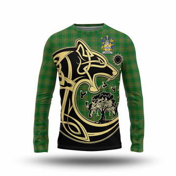 Exham Irish Tartan Long Sleeve T-Shirt with Coat of Arms Celtic Wolf Style