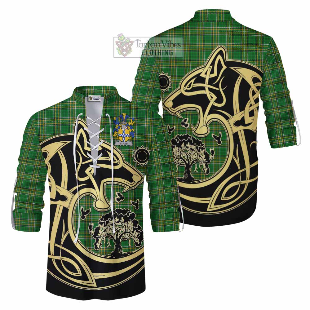 Tartan Vibes Clothing Exham Irish Tartan Ghillie Kilt Shirt with Coat of Arms Celtic Wolf Style