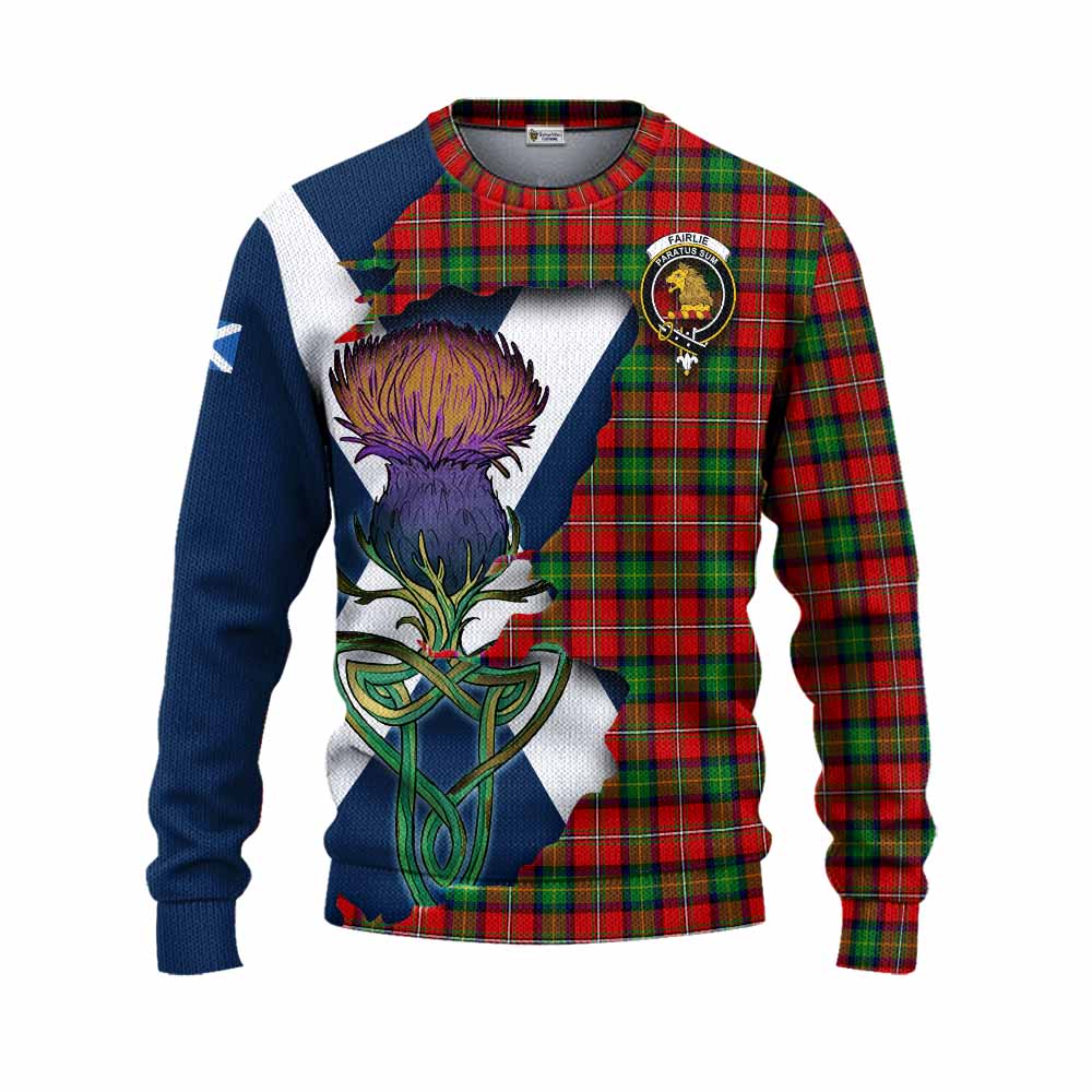Tartan Vibes Clothing Fairlie Tartan Family Crest Knitted Sweater Scottish Thistle Celtic Inspired