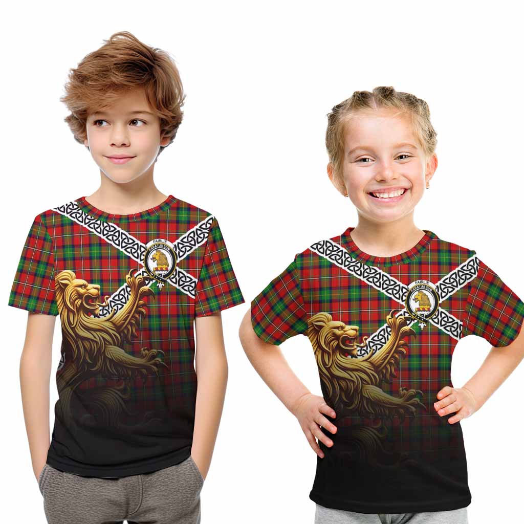 Tartan Vibes Clothing Fairlie Crest Tartan Kid T-Shirt with Golden Lion Emblem Celtic Style