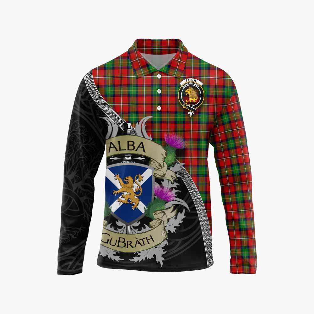 Tartan Vibes Clothing Fairlie Tartan Family Crest Long Sleeve Polo Shirt Lion Rampant Royal Thistle Shield Celtic Inspired