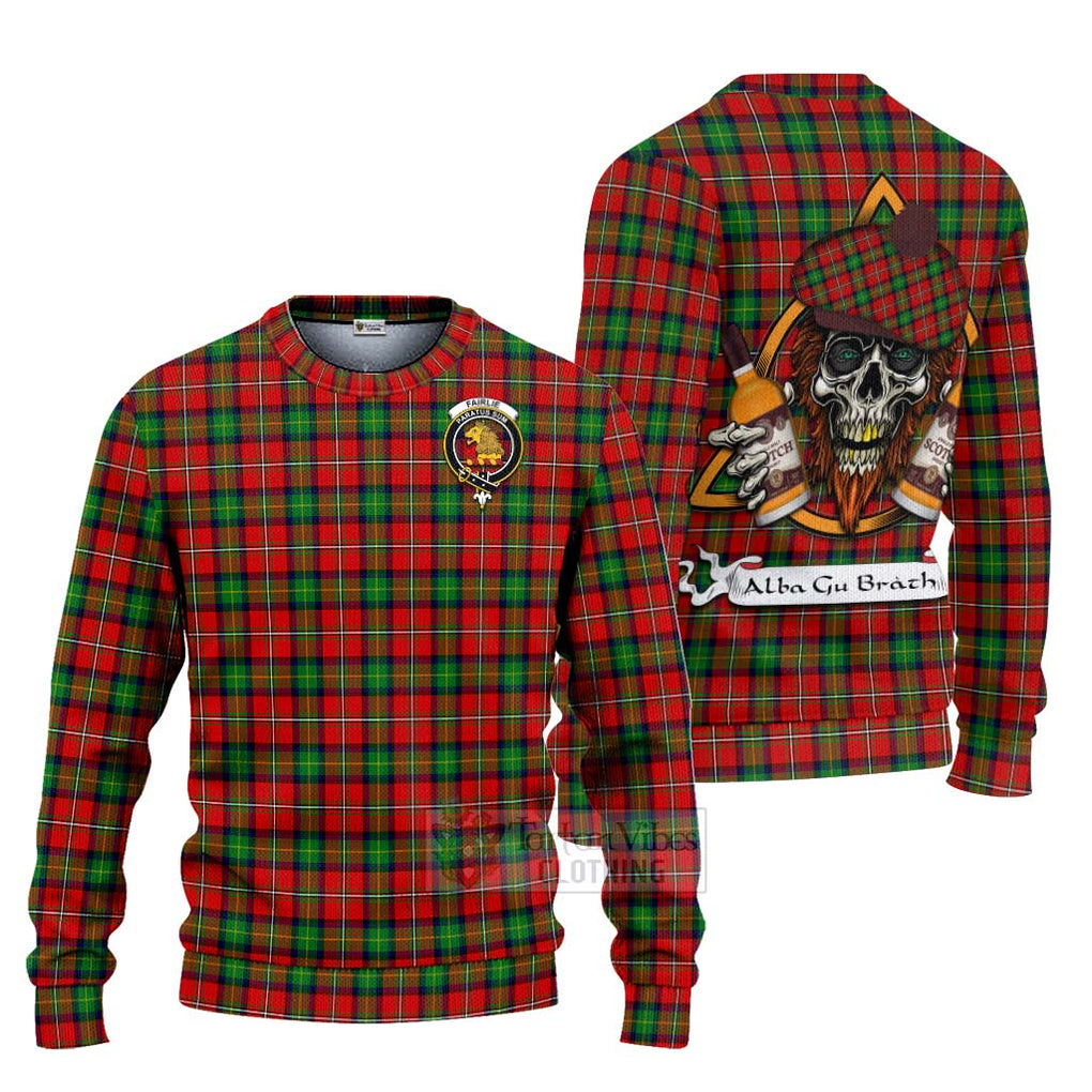 Tartan Vibes Clothing Fairlie Tartan Knitted Sweater with Family Crest and Bearded Skull Holding Bottles of Whiskey