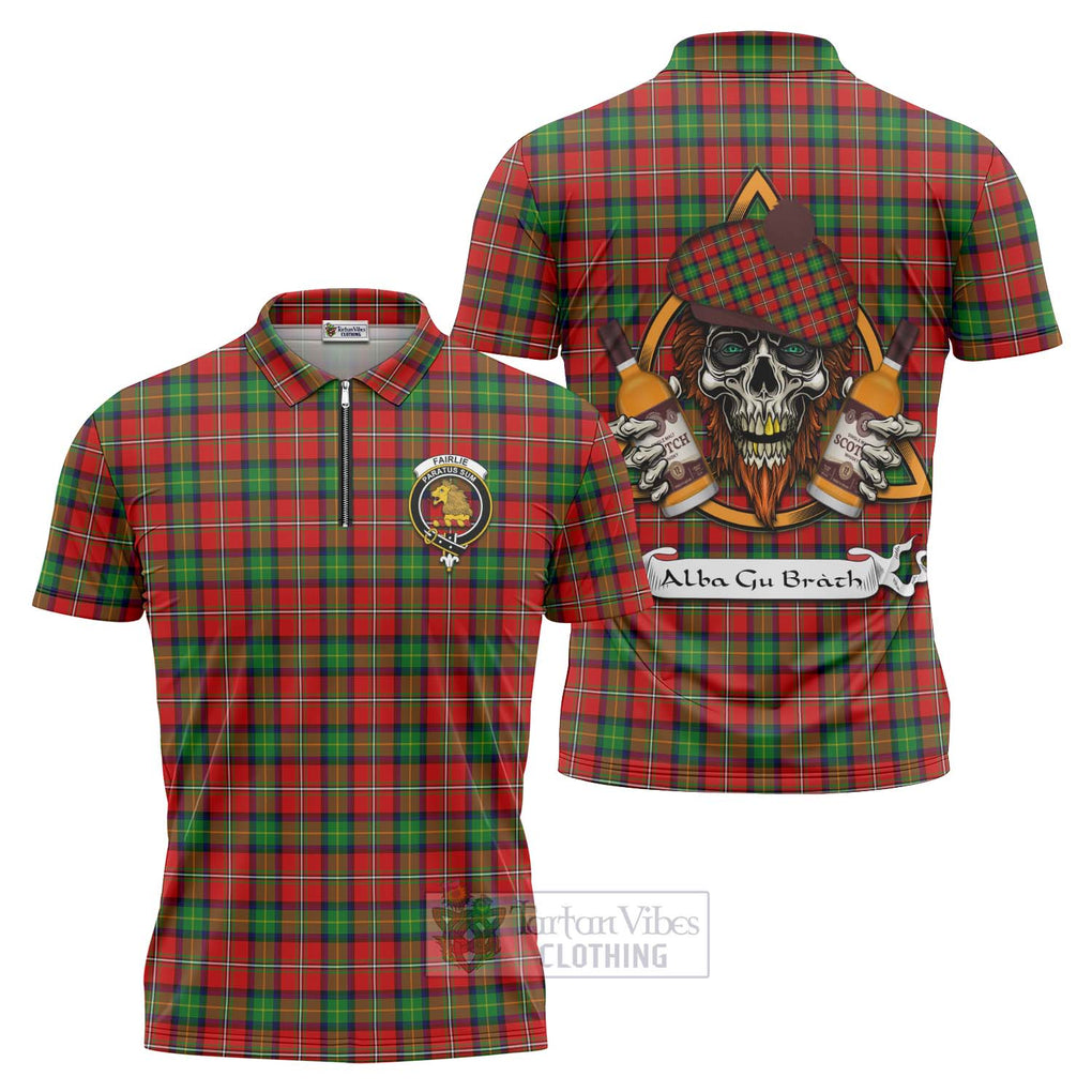 Tartan Vibes Clothing Fairlie Tartan Zipper Polo Shirt with Family Crest and Bearded Skull Holding Bottles of Whiskey