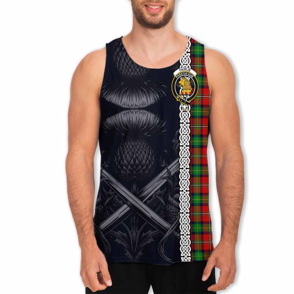 Tartan Vibes Clothing Fairlie Tartan Men's Tank Top with Family Crest Cross Sword Thistle Celtic Vibes