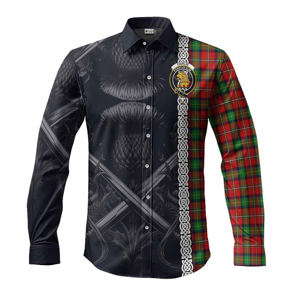 Tartan Vibes Clothing Fairlie Tartan Long Sleeve Button Shirt with Family Crest Cross Sword Thistle Celtic Vibes