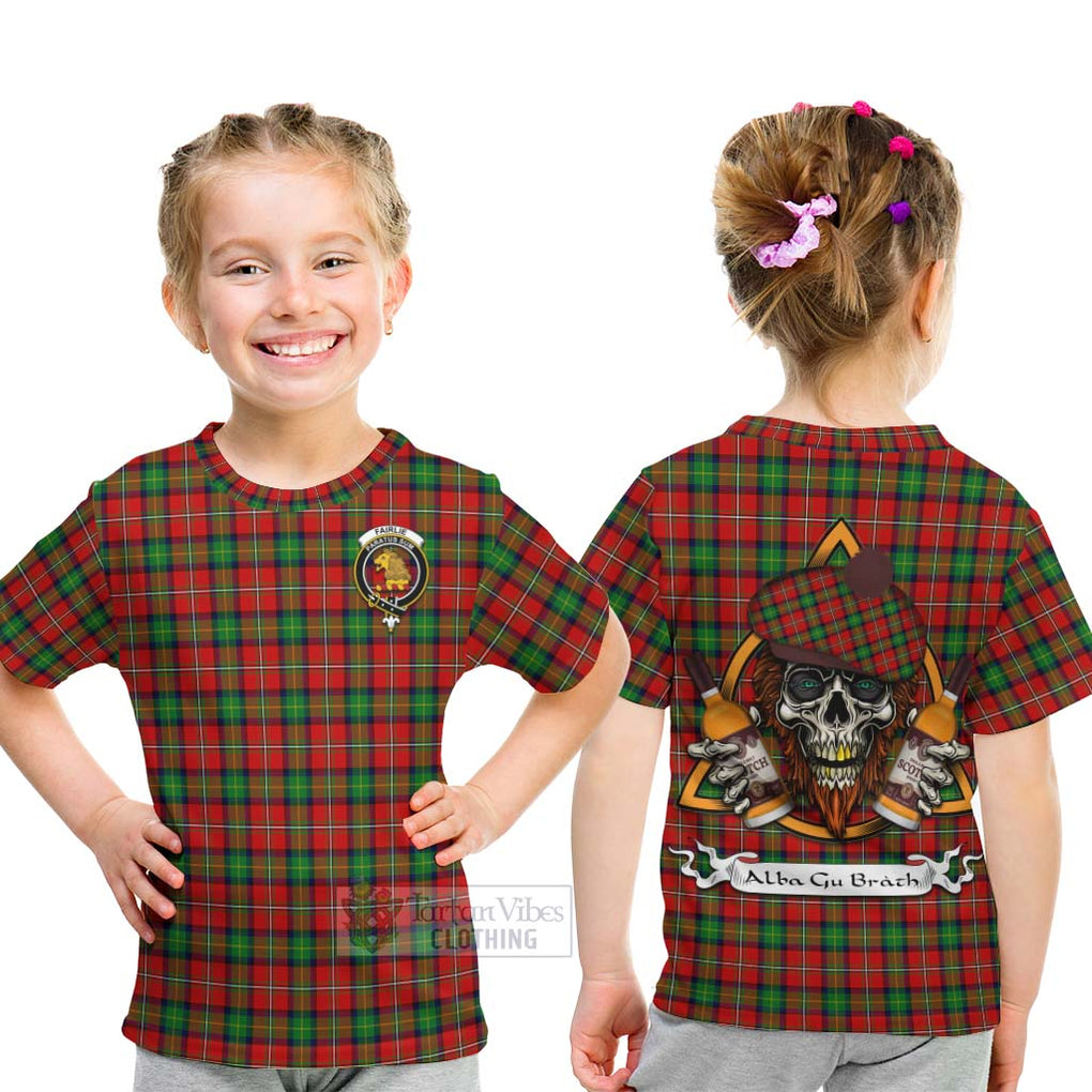 Tartan Vibes Clothing Fairlie Tartan Kid T-Shirt with Family Crest and Bearded Skull Holding Bottles of Whiskey