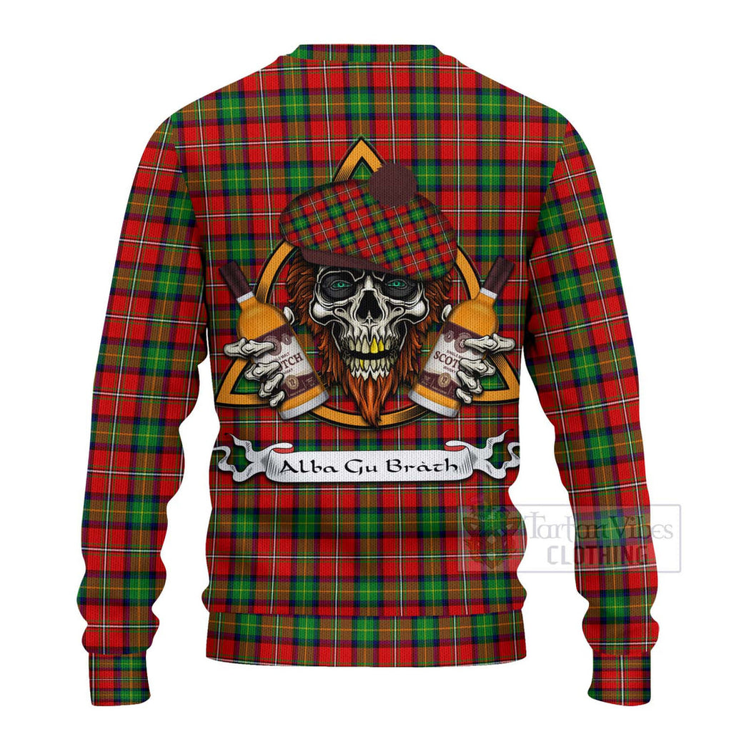 Tartan Vibes Clothing Fairlie Tartan Knitted Sweater with Family Crest and Bearded Skull Holding Bottles of Whiskey