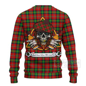 Tartan Vibes Clothing Fairlie Tartan Knitted Sweater with Family Crest and Bearded Skull Holding Bottles of Whiskey