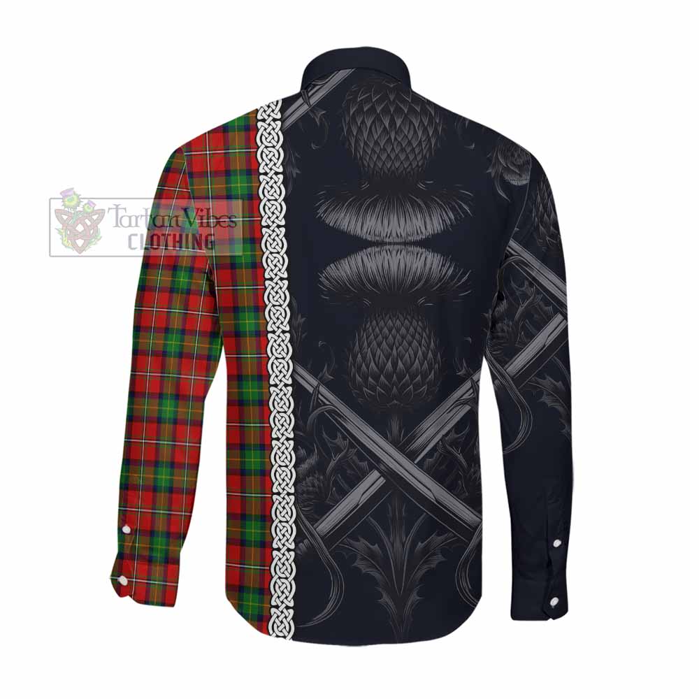 Tartan Vibes Clothing Fairlie Tartan Long Sleeve Button Shirt with Family Crest Cross Sword Thistle Celtic Vibes