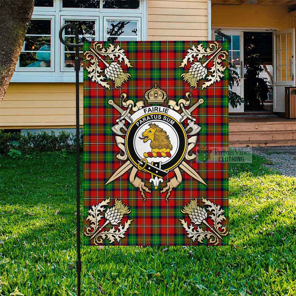 Tartan Vibes Clothing Fairlie Tartan Flag with Family Crest and Golden Thistle Crossed Sword Design