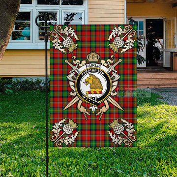 Fairlie Tartan Garden Flag with Family Crest and Golden Thistle Crossed Sword Design