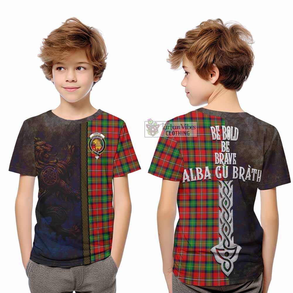 Tartan Vibes Clothing Fairlie Tartan Family Crest Kid T-Shirt Alba Gu Brath Be Brave Lion Ancient Style