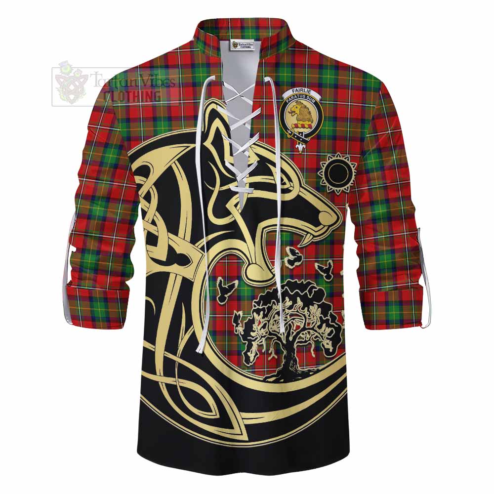 Tartan Vibes Clothing Fairlie Tartan Ghillie Kilt Shirt with Family Crest Celtic Wolf Style