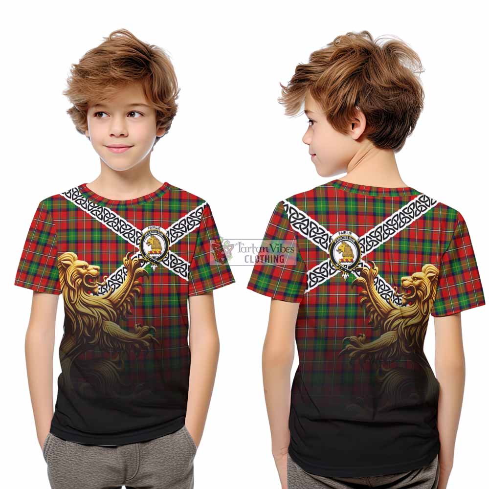 Tartan Vibes Clothing Fairlie Crest Tartan Kid T-Shirt with Golden Lion Emblem Celtic Style