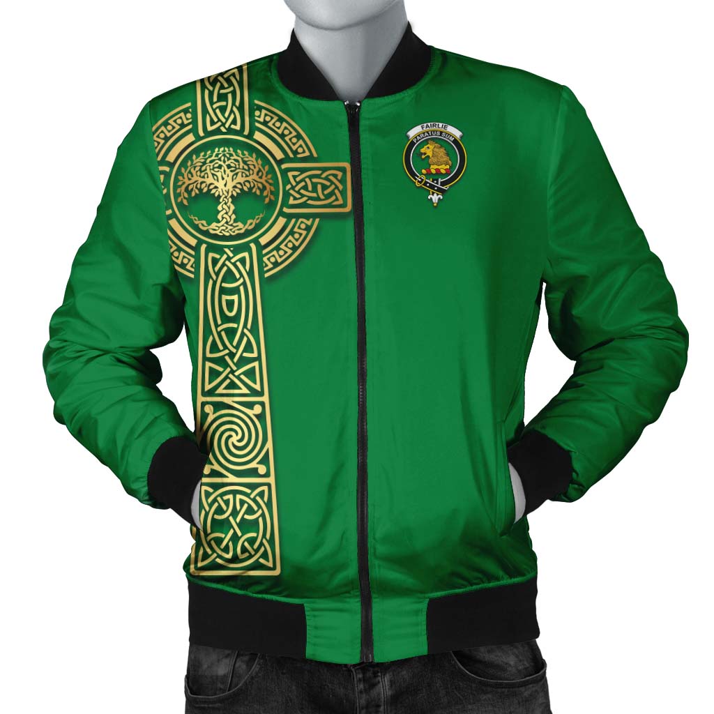 Fairlie Clan Bomber Jacket with Golden Celtic Tree Of Life Unisex Irish Green - Tartanvibesclothing