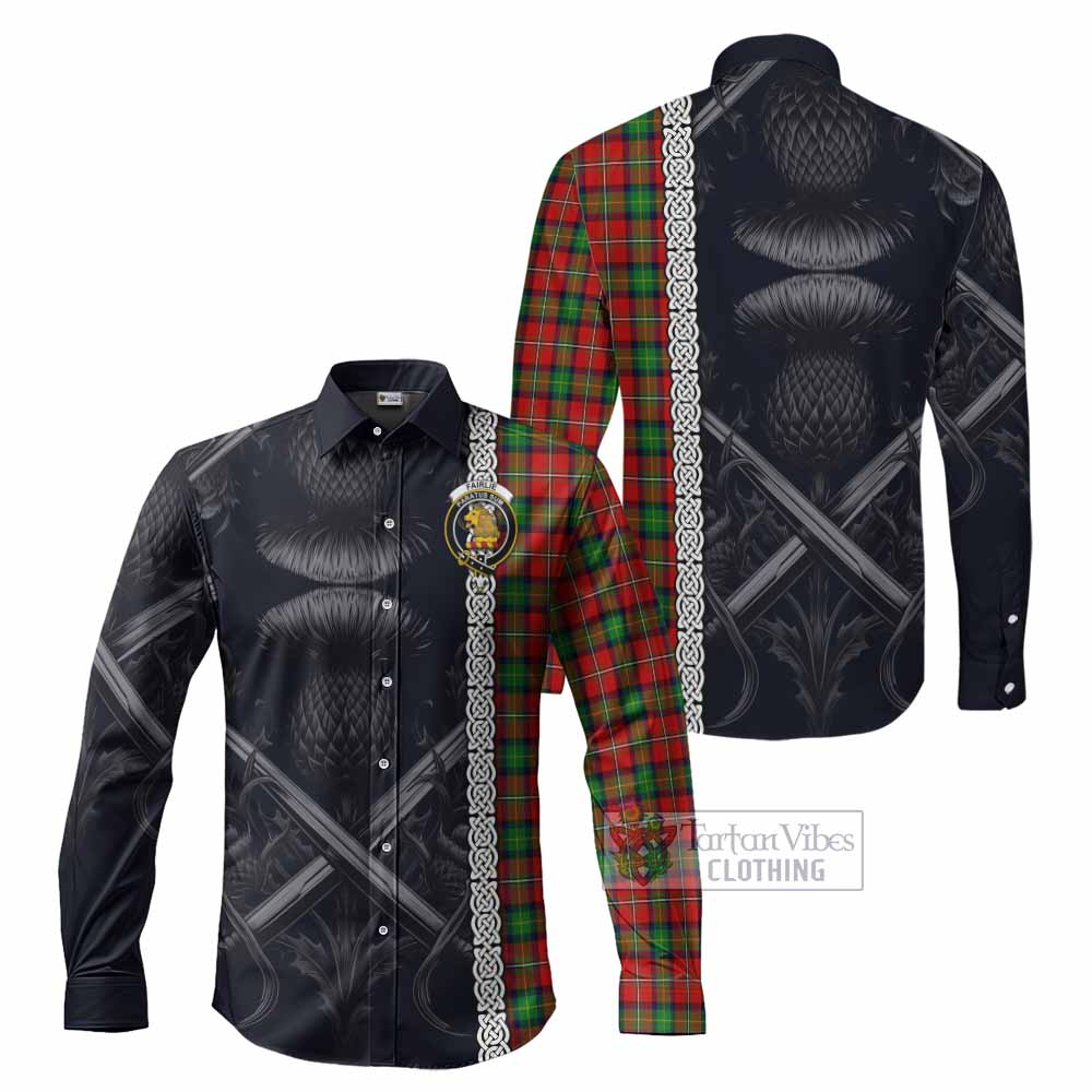 Tartan Vibes Clothing Fairlie Tartan Long Sleeve Button Shirt with Family Crest Cross Sword Thistle Celtic Vibes