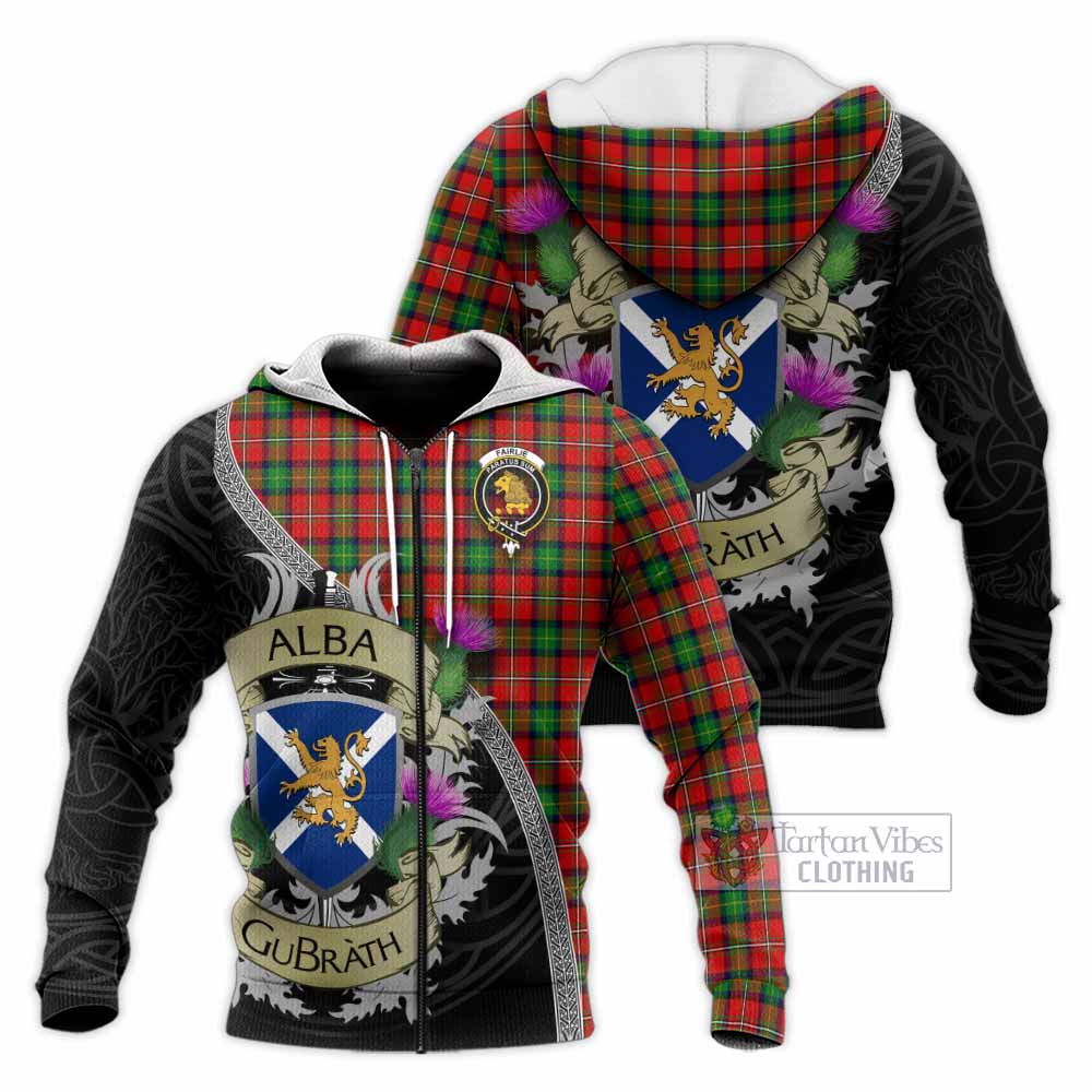 Tartan Vibes Clothing Fairlie Tartan Family Crest Knitted Hoodie Lion Rampant Royal Thistle Shield Celtic Inspired