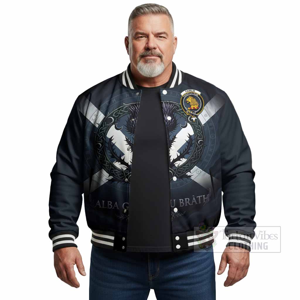 Fairlie Clan Crest Baseball Jacket with Celtic Knot Thistle and Saltire