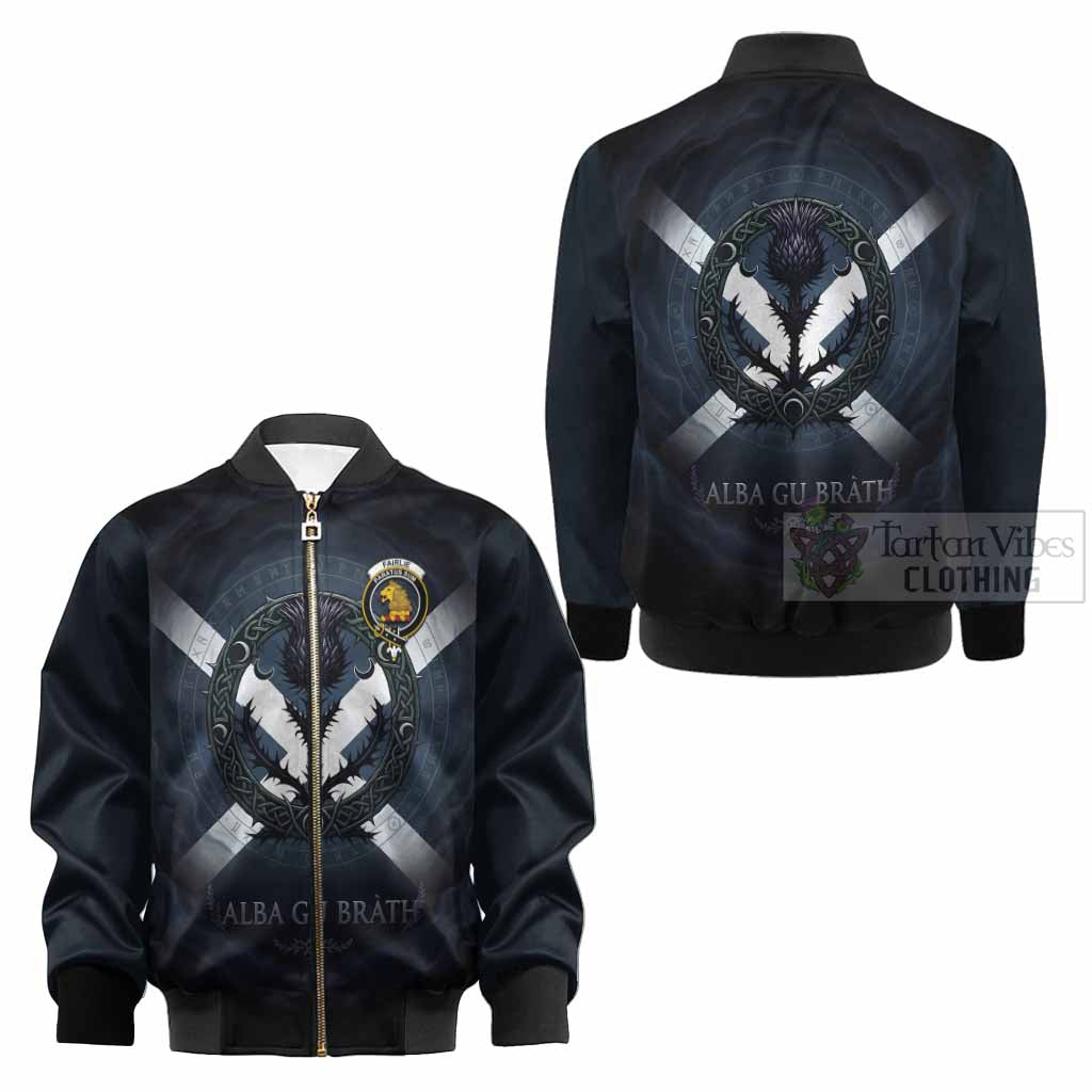 Fairlie Clan Crest Kid Bomber Jacket with Celtic Knot Thistle and Saltire