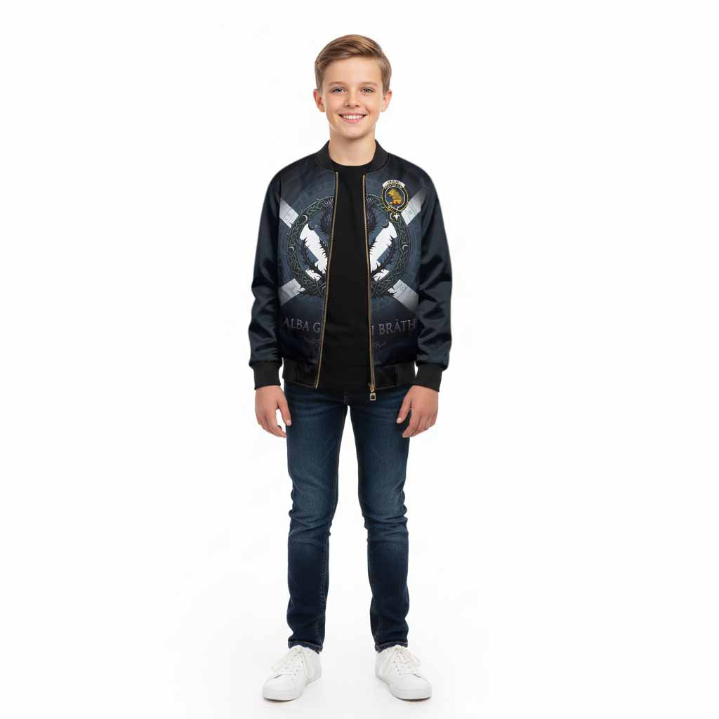 Fairlie Clan Crest Kid Bomber Jacket with Celtic Knot Thistle and Saltire