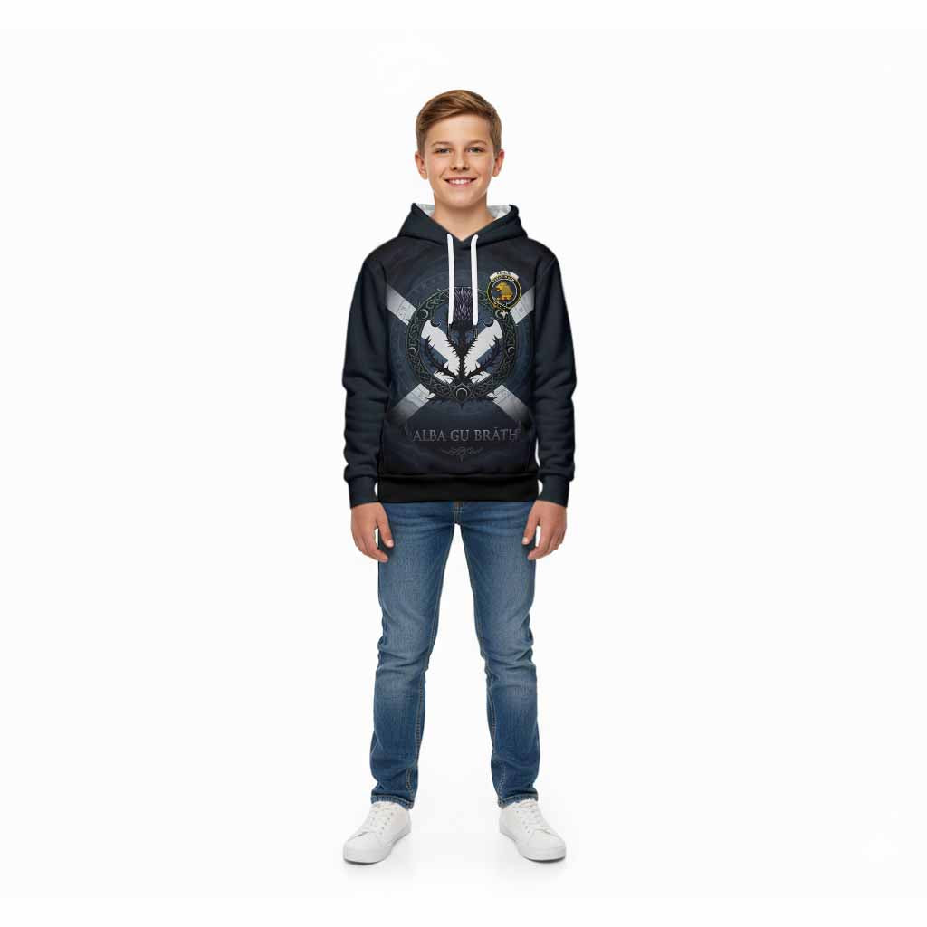 Fairlie Clan Crest Kid Hoodie with Celtic Knot Thistle and Saltire
