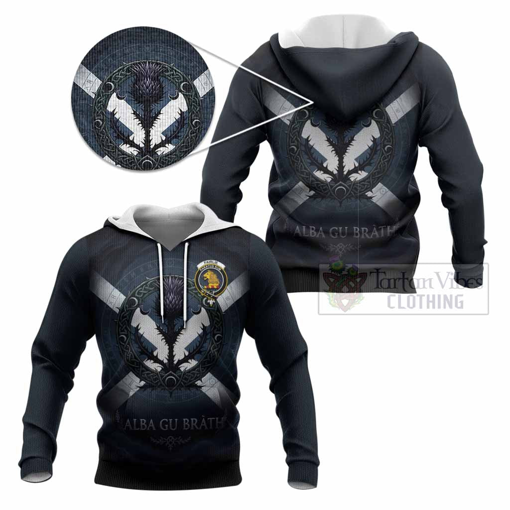 Fairlie Clan Crest Knitted Hoodie with Celtic Knot Thistle and Saltire