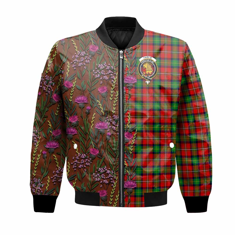 Fairlie Family Crest Tartan Bomber Jacket Scottish Thistle Flower Pattern Half Style - Tartan Vibes Clothing