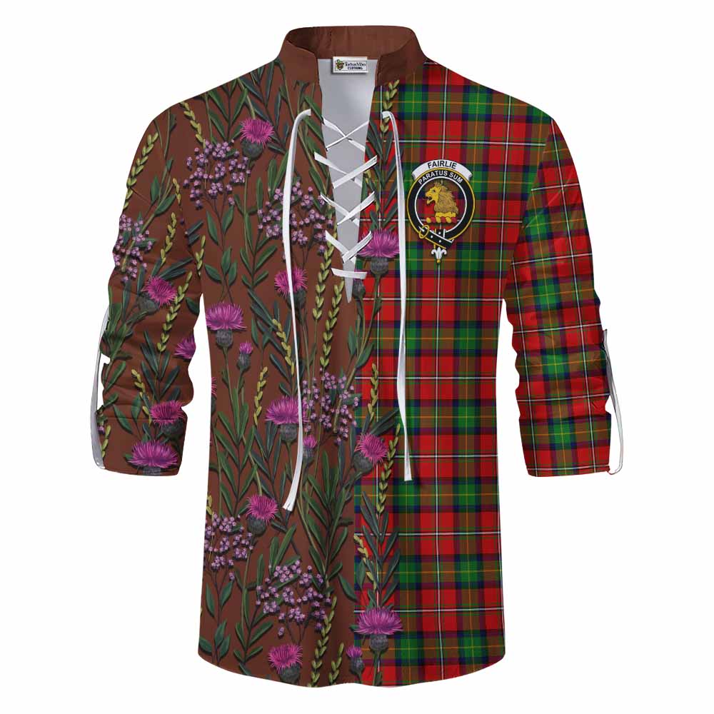 Fairlie Family Crest Tartan Ghillie Shirt Scottish Thistle Flower Pattern Half Style - Tartan Vibes Clothing