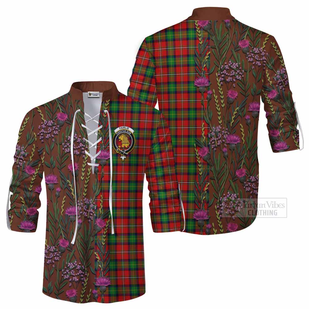 Fairlie Family Crest Tartan Ghillie Shirt Scottish Thistle Flower Pattern Half Style - Tartan Vibes Clothing