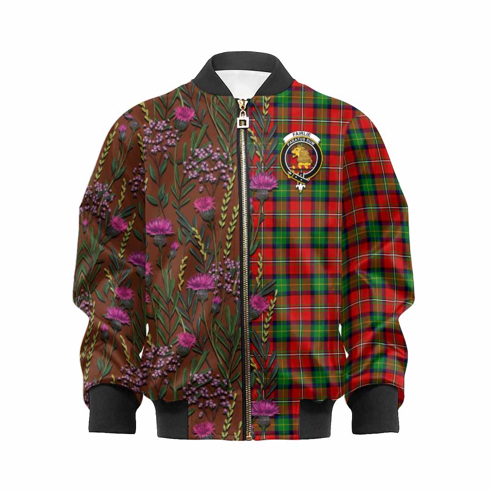 Fairlie Family Crest Tartan Kid Bomber Jacket Scottish Thistle Flower Pattern Half Style - Tartan Vibes Clothing