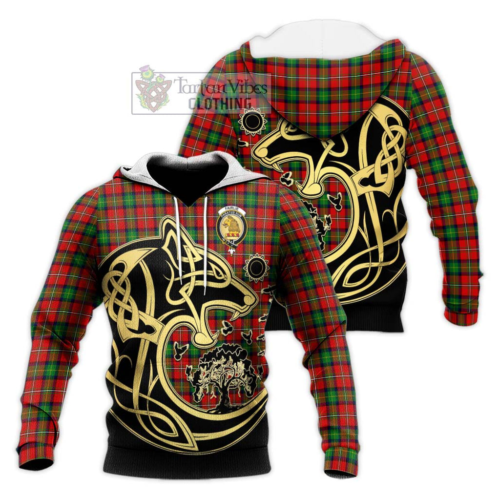 Fairlie Tartan Knitted Hoodie with Family Crest Celtic Wolf Style Unisex Knitted Pullover Hoodie - Tartan Vibes Clothing