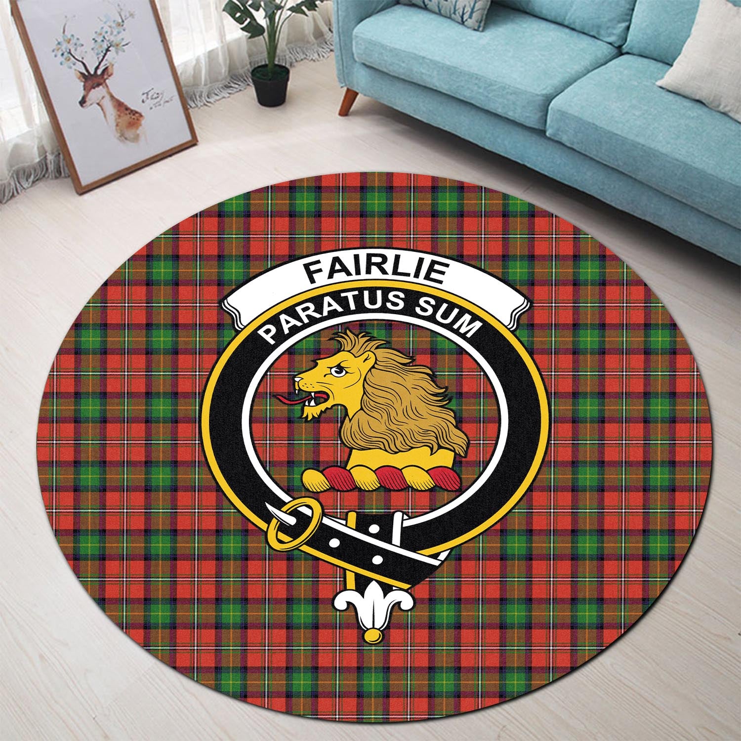 Fairlie Modern Tartan Round Rug with Family Crest - Tartanvibesclothing